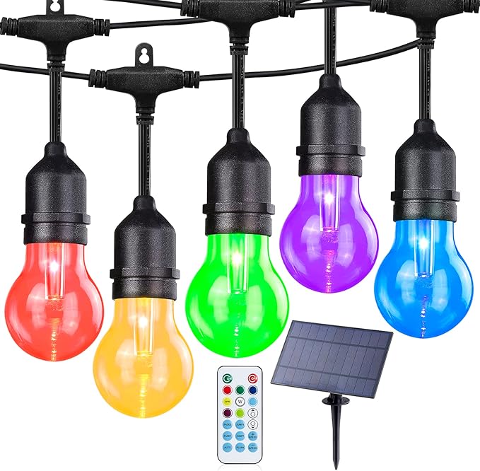 Auroraworld 48FT Solar RGB Outdoor String Lights, Dimmable Waterproof LED Patio Lights with Remote, 15 Shatterproof Edison Bulbs for Cafe Yard Garden Party Decor