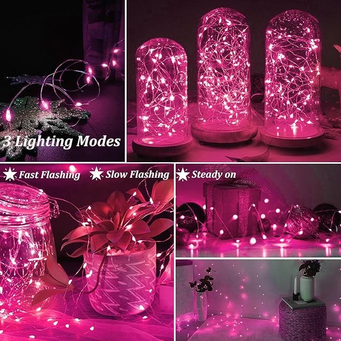 AIKEI 100 Pack LED Fairy Lights Battery Operated, Mini String Lights Waterproof 7 Feet 20 Led Firefly Starry Lamps for Wedding Party Bedroom Garden Valentines Christmas Decoration Pink
