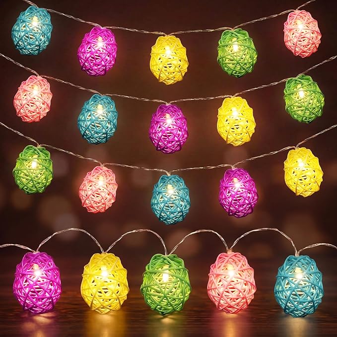Easter Egg String Lights - 9.8ft 20 LED Candy Color Rattan Egg Lights, Battery Powered, Steady Flash Modes Portable for Easter Spring Home Party Table Window Mantel Decoration