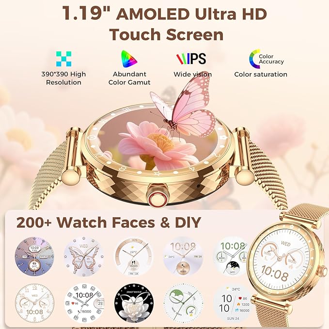 Smart Watch for Women, HD AMOLED Display Fitness Tracker Bluetooth Make/Answer Call, 1.19" Watches with 110+ Sports Modes/Heart Rate/Sleep Monitor/SpO2, Smartwatch IP68 Waterproof for Android iOS