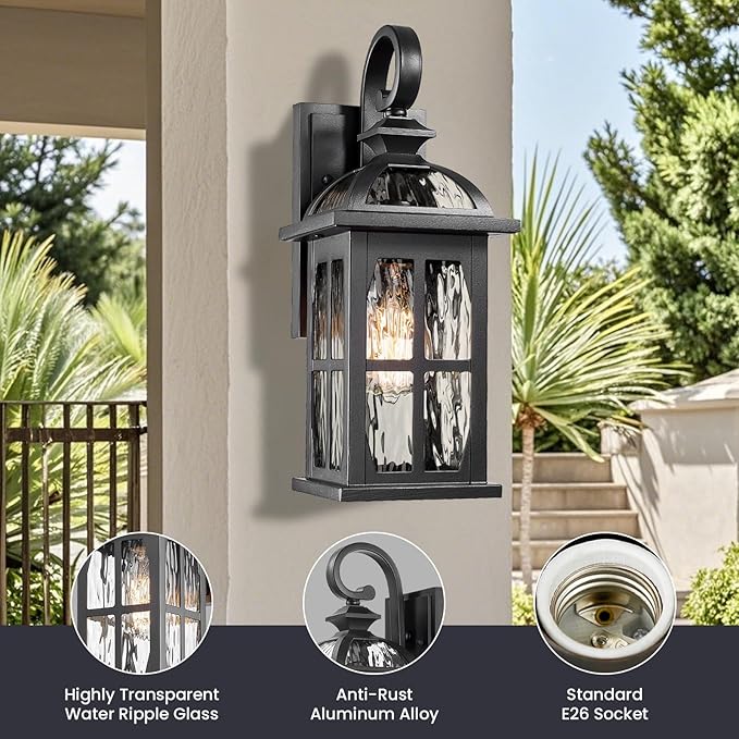 Outdoor Wall Laterns 15 Inch Height Outdoor Wall Light Fixtures Die-Cast Aluminum and Water Ripple Glass Black Finish Anti-Rust Outside Sconce Porch Lights for House Garage Doorway