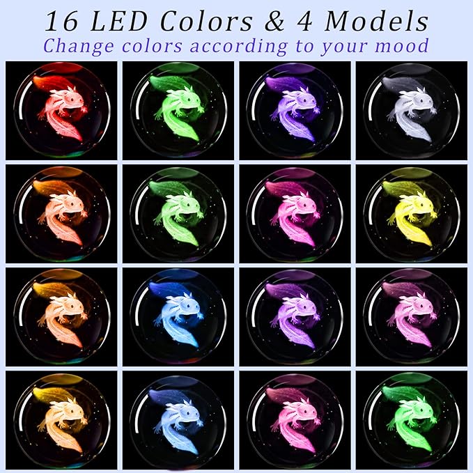 3D Axolotl Crystal Ball Night Light with 16 Color LED Wooden Base, Premium 2.4 Inch Axolotl Glass Ball Lamps with Remote for Birthday Holiday, Cool Axolotl Toy Decor Gifts for Boys Girls Kids