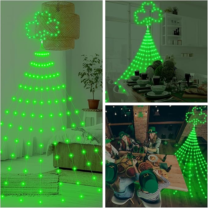 Baquler 15 ft St. Patrick's Day Decor Lights 438 LED 8 Modes Plug in Curtain Shamrock Lights String for Home Bedroom Indoor Outdoor Party Saint Patrick's Day Decor