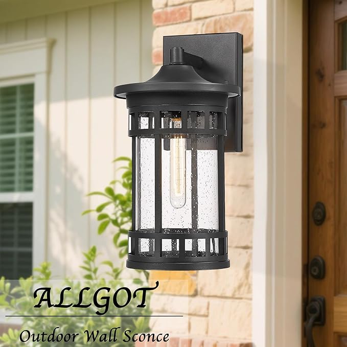 Outdoor Wall Sconce, Farmhouse Outdoor Wall Light with Seeded Glass, Waterproof Exterior Lighting Fixture, Anti-Rust Outside Lantern Lamp for Patio Yard Hallway Doorway Garage (Black,16.7 Inch Height)