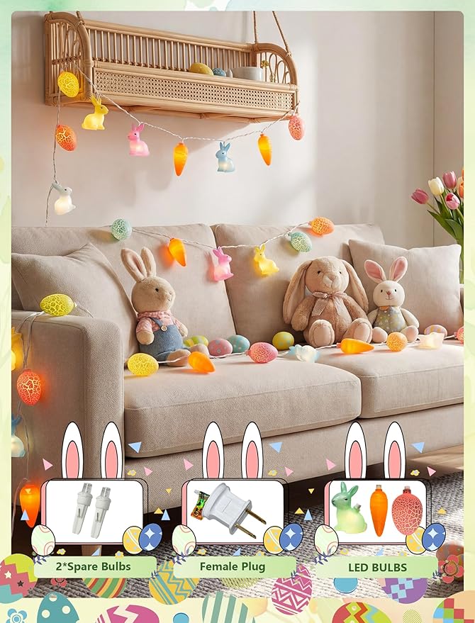 Multicolored Rabbit Cracked Egg and Carrot String Lights, 12FT LED Easter Fairy Light with 20 LED Rabbit Cracked Egg Carrot Lamps, Easter String Lights for Patio Balcony Bedroom Home Easter Decoration