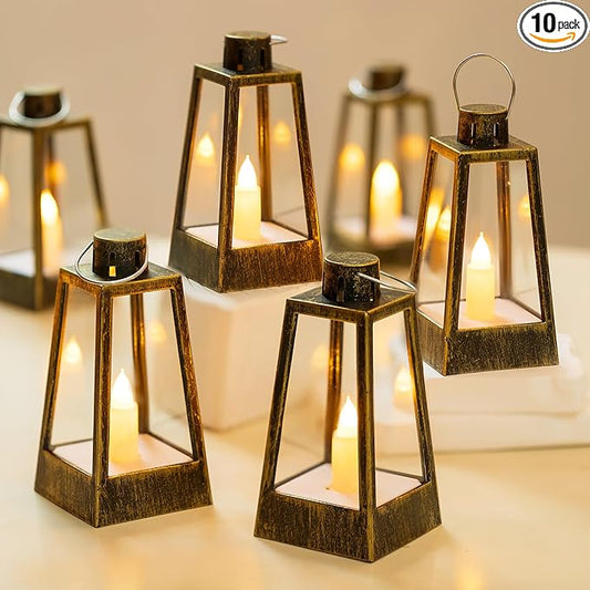 Romadedi Mini Decorative Lantern for Centerpieces - 10 Pcs Small Gold Candle Lanterns with Flickering LED Candles for Wedding Table Decor Christmas Party Halloween, Battery Included