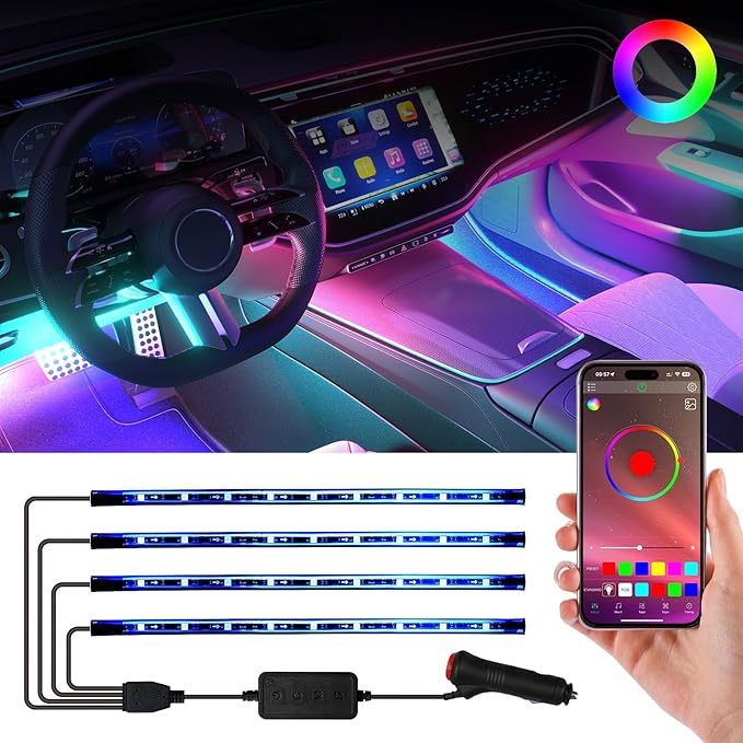 RGB LED Car Interior Light Strips with App Controls, Footwell Lighting for Car,Interior Car Lights with DIY Music Mode,72 LEDs Car Lights
