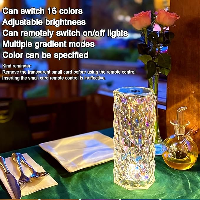 Can Switch 16 Colors Artificial Crystal Table Lamp, RGB Ambient Color-Changing Diamond Rose Design with Remote Control, USB Charging, Touch Sensor for Bedroom Decor, Desk Lighting (S/3.1*.31 * 6.7in)