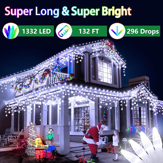 132FT 1332 LED Outdoor Christmas Lights - 296 Ice Drops, 12 Pro Modes with Timer Memory & Brightness, Waterproof Hanging Ice String Light for Holiday Wedding Garden Fence House Decor (Cool White)