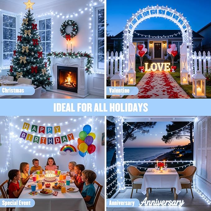 JMEXSUSS 4 Pack 50 LED White String Lights, Each 16.5Ft Battery Outdoor Lights with Timer Waterproof, 8 Modes White Light for Bedroom Wedding Christmas Garden Decor