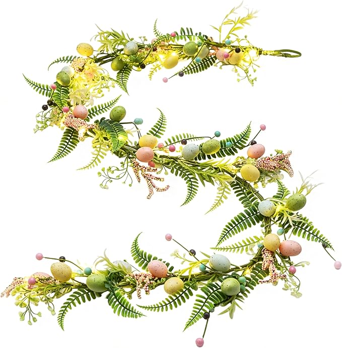 [Timer] 6 FT Lighted Easter Garland, Easter Decorations for Home, Easter Egg Garlands Spring Fireplace Mantel Decor, Spring Garland with 30 LED Warm Light for Home Indoor Decor