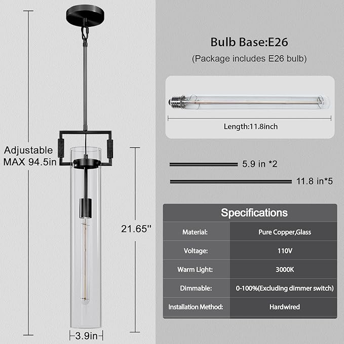 Modern Black Pendant Lights Set of 2, 21.6'' kitchen pendant lighting over island, Indoor Adjustable Height Glass Pendant Light Fixtures, Large Pendant Lights Kitchen Island, E12 Bulb Included