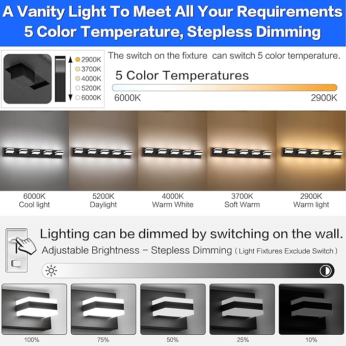SOLFART Black Vanity Lights for Bathroom, 5 Color Temperature Bathroom Light, Light Fixtures Over Mirror, Modern LED Lighting Adjustable Color 5CCT