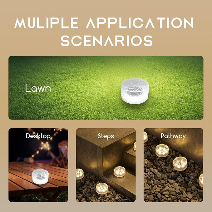 Wokyo 4 Packs Solar Ice Cube LED Light, Solar Wireless Paver Lights, 4x2.2 inch Rock Lights with 6 LED for Patio, Yard, Walkway, Pathway Decor (Circle-Cold White)