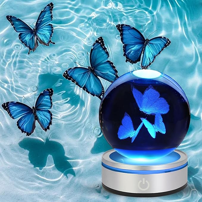 3D Butterfly Crystal Ball Night Light with LED Colorful Lighting Touch Base 3.15 In Butterfly Glass Sphere Lamp for Birthday Christmas Vivid Butterfly Figurine Home Decor Gift for Women Her Kids