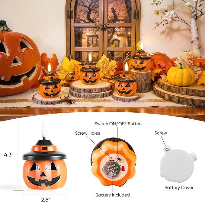Homemory Real Wax Pumpkin Candles, 4 Pcs Flickering Flameless Candles with 6hrs Timer, LED Halloween Pumpkin Lamp, Battery Operated Lights for Home Halloween Decor, Theme Party, Orange