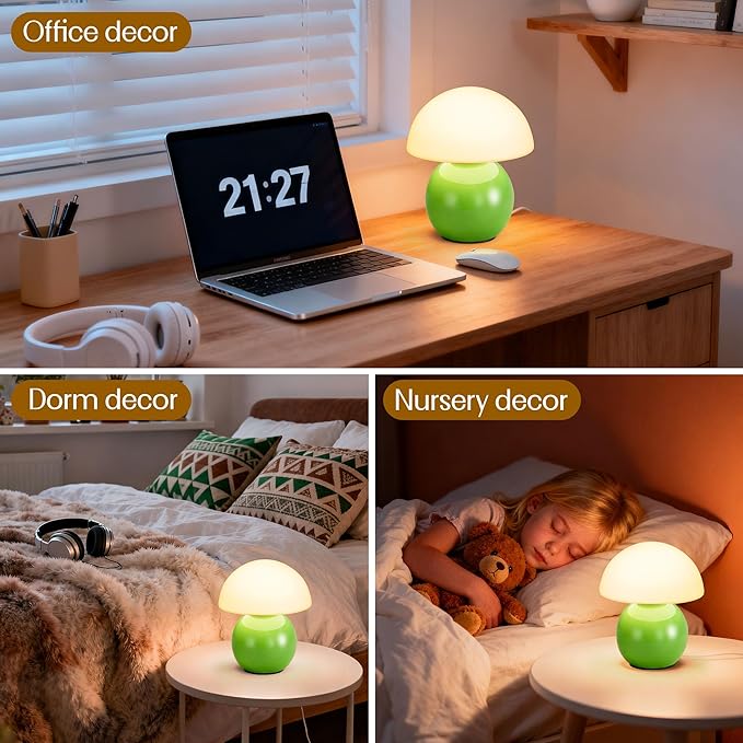 Small Mushroom Lamp,USB-Plug in Bedside Table Lamps with 3-Temperature LED Bulb Dimmable,Unique Cute Aesthetic Home Decor for Living Room,Bedroom, Modern Ceramic Base Glass Lamp(Green)