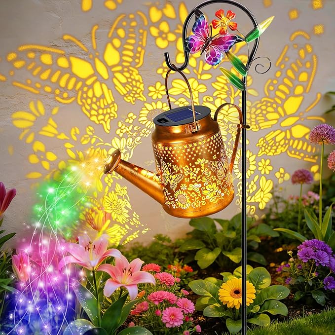 ANGMLN Butterfly Solar Lights Outdoor Waterproof, Birthday Gifts for Mom Grandma Women, Solar Watering Can Lights with Shepherd Hook, Metal Hanging Lantern Garden Decor Yard Outside Patio Lawn