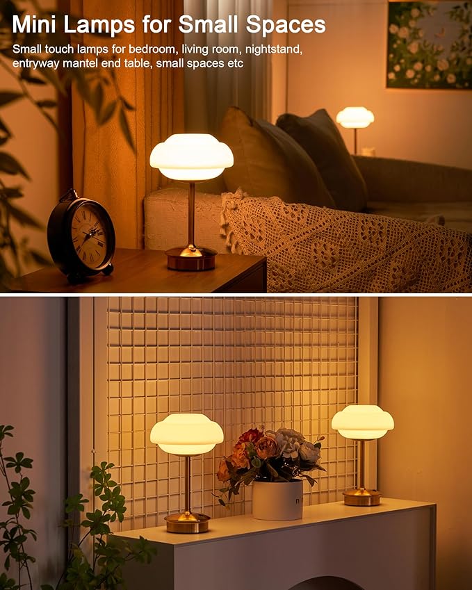 9" Mini Cordless Table Lamp with Cloud-Shaped, Small Rechargeable Battery Operated Lamps, 3-Way Touch Dimmer, Portable Brass Bedside Night Light for Restaurant Dining Kitchen Bathroom Patio Side Table