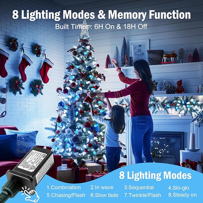 Brightown C9 Christmas Lights Outdoor 2 Pack - Total 162 FT 200 LED C9 String Lights, with Timing & Memory, 8 Modes, Connectable, Waterproof - for Indoor Outside Tree Home Yard Decoration, Blue&White