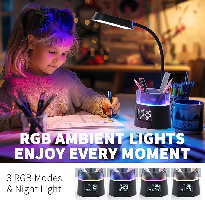 Led Desk Lamp for Home Office, Touch Table Lamp with Pen Holder, 3 Color Modes Stepless Dimmable Reading Light, Gooseneck Lamp for Dorm Room, Bedside Study Light with Clock for Kids, Girls, Boys