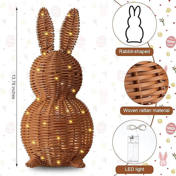 Thyle 1 Pcs Neutral Easter Rattan Bunny Decoration, 13.8 Inch Morden Woven Rabbit Tabletop Centerpiece with 3.28 FT String Light, Rabbit Ornament for Mantel Fireplace Easter Home Tiered Tray Decor