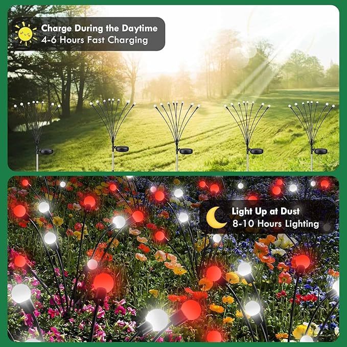 OZS 6Pack Total 48LED Solar Garden Lights Christmas Fairy Outdoor - Solar Firefly Lights Fairy Outdoor, Sway by Wind, Waterproof for Pathway Patio Yard Christmas Decorations(Red&White)
