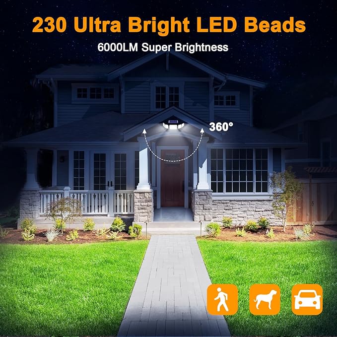 6000LM Solar Lights Outdoor, 5 Heads Solar Security Lights with Remote Control, IP65 Waterproof Motion Sensor Lights 3 Modes Flood Lights for Wall, Porch, Yard, Outside, 2 Pack