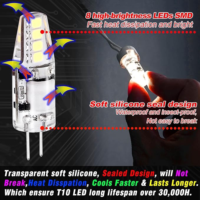 G4 LED Bulb RV Camper Replacement 2W Equivalent 10W-20W T3 Halogen AC/DC 12V 6000K Daylight White G4 JC Type Bi-Pin Base Bulb for Boat Trailer Under Cabinet Light Landscape Stair Lighting,10 Pack