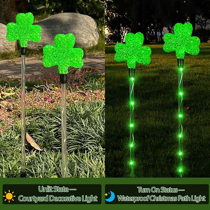 St. Patricks Shamrock Pathway Lights, 6pcs Green Lucky Clover Lights with 8 Lighting Modes, Solar Stake Lights Outdoor Waterproof, LED Landscape Light for Green Irish Decoration (Green - Clover)