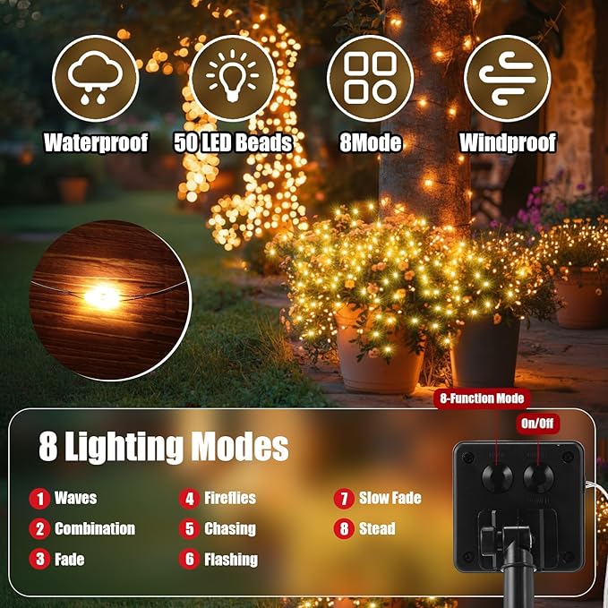 12 Pcs Solar String Lights Solar Mini Teeny Tiny Fairy Firefly Twinkle Light Waterproof 16ft 50 LEDs Garden String for Outdoor Garden Backyard Christmas Decoration(Green Wire)