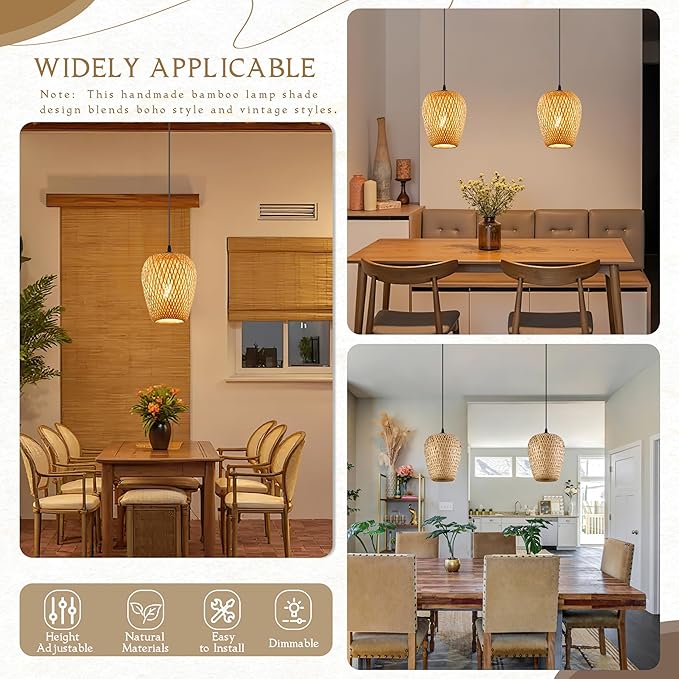 Wicker Pendant Lights Bamboo Pendants Light Boho Chandelier Rattan Pendant Wicker Light Fixture Woven Pendants Lights for Kitchen Island Living Room Dining Room (Bulb Incl.)