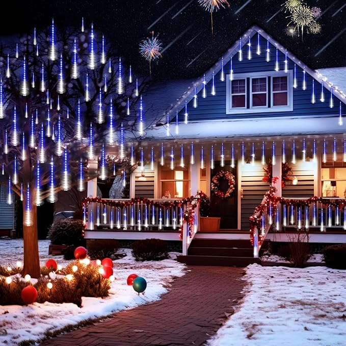 KNONEW 40 Tubes 1120 LED Meteor Shower Lights Christmas Lights Outdoor Plug in Waterproof Falling Rain Light for Xmas Tree Wedding Party Garden Holiday Rooftop Decorations (Blue and Cool White)