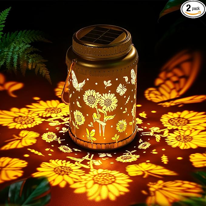 Cooo 2 Pack Solar Lanterns Outdoor Waterproof Sunflower Butterfly Solar Pathway Lights Landscape Path Christmas Gifts for Women Mom Grandma for Outdoor Table Lamps Garden Yard Backyard Decor -Gold