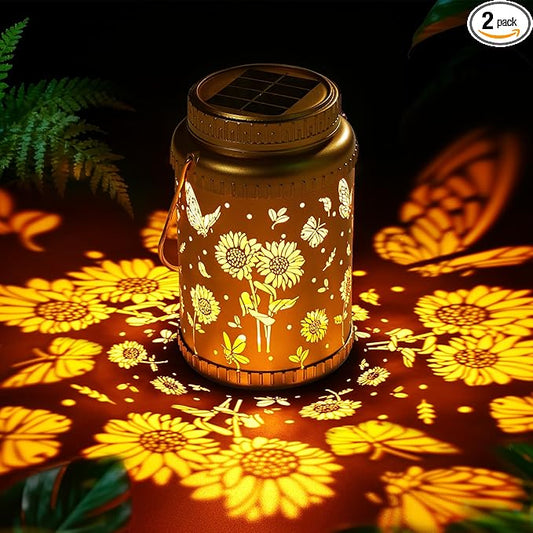 Cooo 2 Pack Solar Lanterns Outdoor Waterproof Sunflower Butterfly Solar Pathway Lights Landscape Path Christmas Gifts for Women Mom Grandma for Outdoor Table Lamps Garden Yard Backyard Decor -Gold