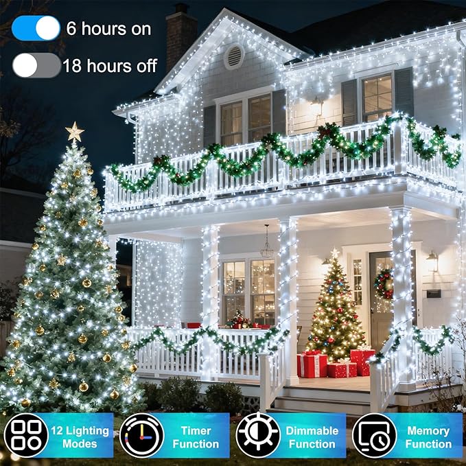 340 LED 90FT Christmas String Lights Outdoor, 12 Pro Modes and Timer Memory & Brightness, Plug in Waterproof Dark Green Wire Twinkle Light for for Xmas Yard Tree Wedding Party Decor (Cool White)