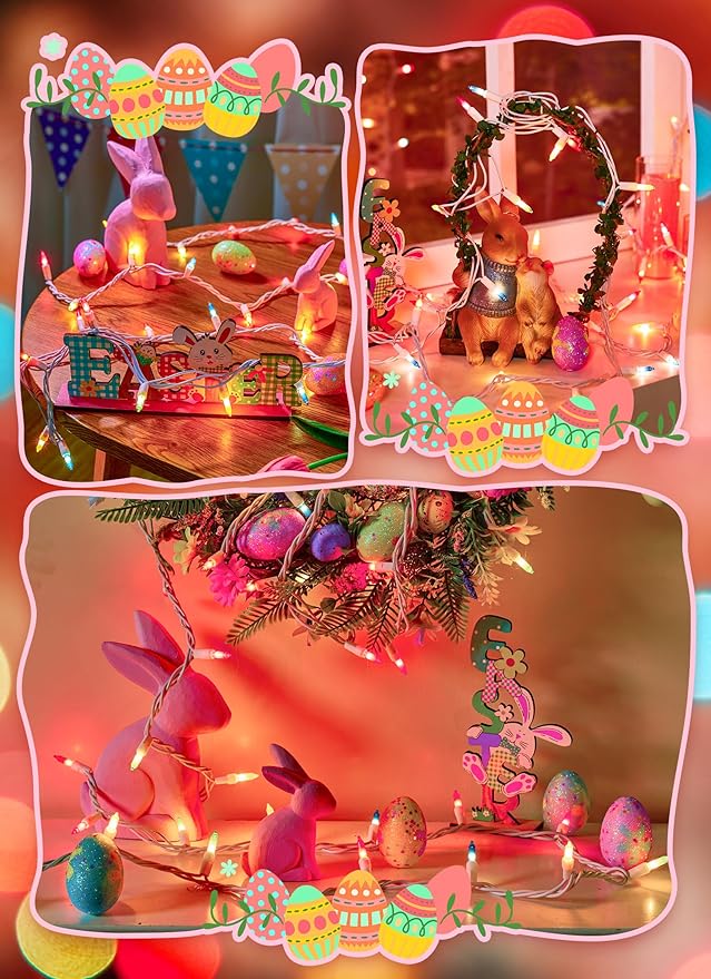 Brightown Easter Decorations Mini String Lights, 50 Count 12 Feet Easter Mini Lights, Waterproof String Light Plug in for Indoor Garland Party Christmas Tree Festival, Pink + Multicolor