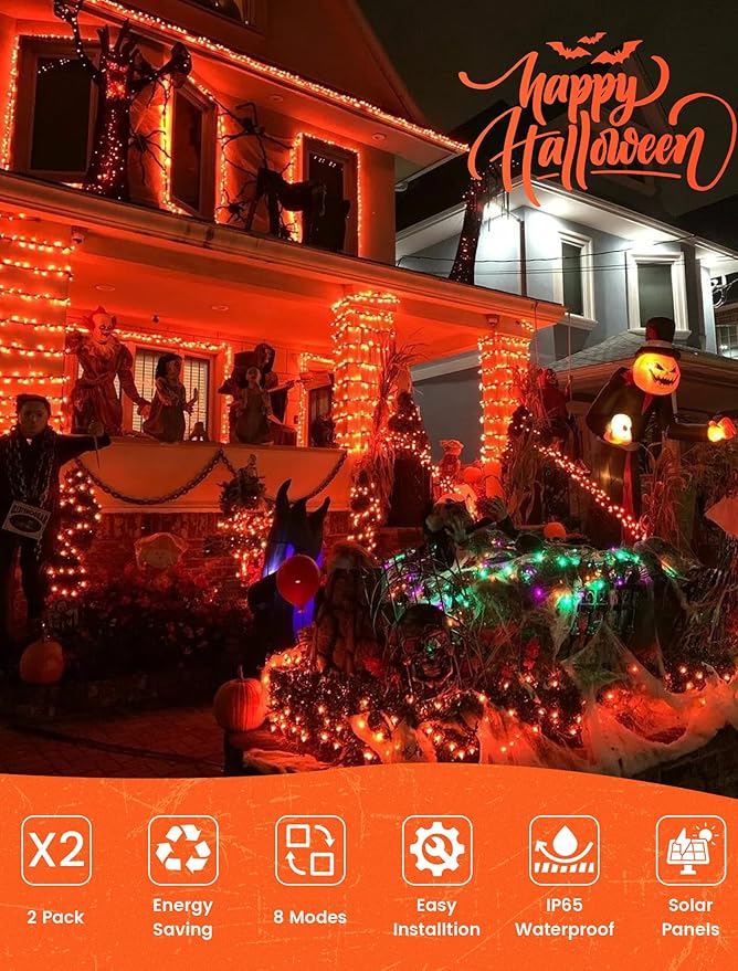 2 Pack Orange Solar Fairy Lights Outdoor,Each 33ft 100 LED Solar Powered Halloween String Lights,Waterproof Copper Wire Twinkle Light for Thanksgiving Christmas Trees Party Yard Decor