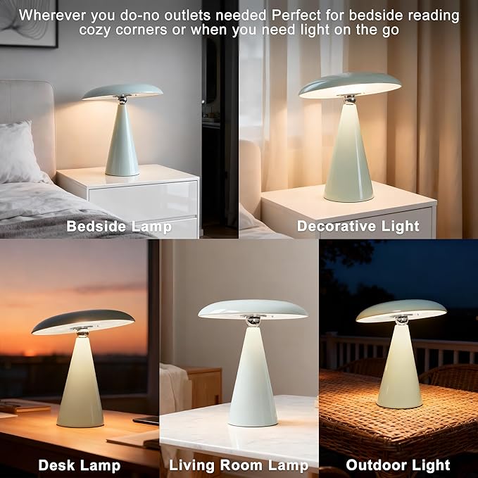 Mushroom Lamp Mid Century Modern Table Lamp, LED Cordless Rechargeable Bedside Light, Dimmable Touch 3-Color Temp, Retro Small Lamp for Bedroom, Living Room，Aesthetic Decor (Green)