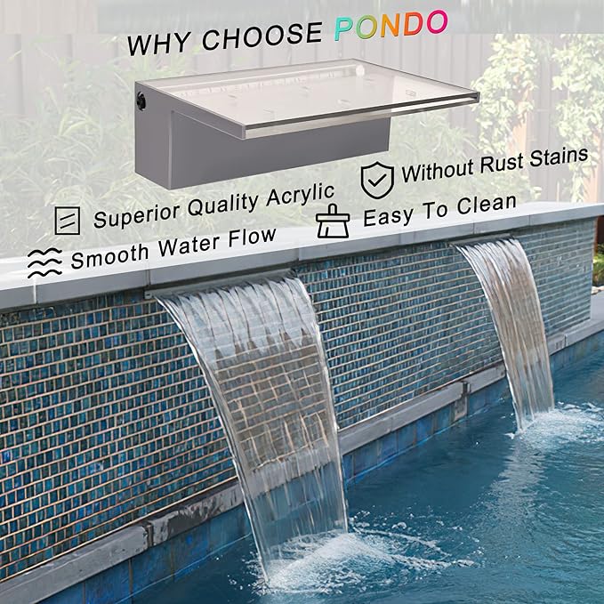 PONDO 12'' APP Pool Waterfall with 16 Colors LED Lights, Acrylic Pond Fountain Set for Outdoor Decorations, Patio Waterfall Spillway Kit on The Wall for Garden, Easy Installation