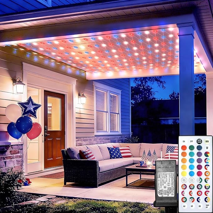 Lovelite 10ft x 10ft Net Lights Outdoor, 240LED 35 Colors Changing Gazebo Net Lights Clear Wire, Connectable Red White Blue Fairy Light for 4th of July Patio Pergolas Wedding Summer Party Decor