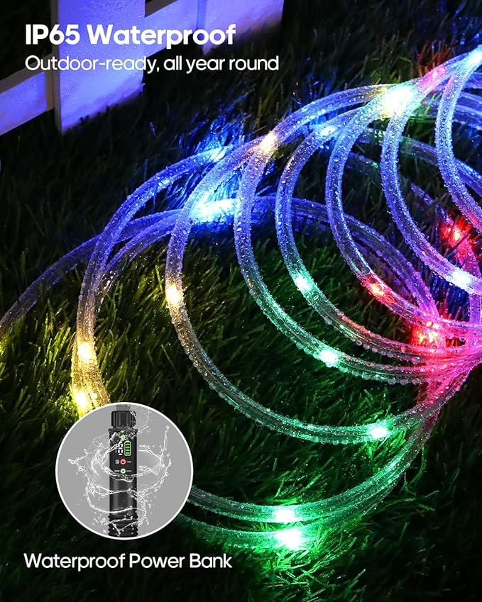 Rechargeable Rope Lights, Outdoor Waterproof String Lights with 1200mah Portable Rechargeable Battery, Timing & 8 Modes for Party Christmas Camping DIY Tree Trampoline (Multi-Colored, 39FT)