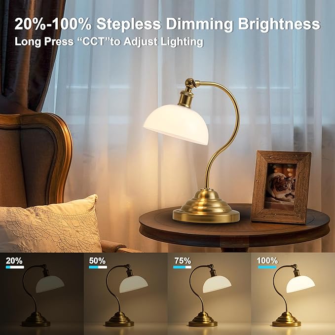 Cordless LED Table Lamp, Battery Operated Desk Lamps with Swing Arm & Plastic Shade, Vintage Small Rechargeable Dimmable Light for Bedroom, Living Room, Nightstand, Brass/White
