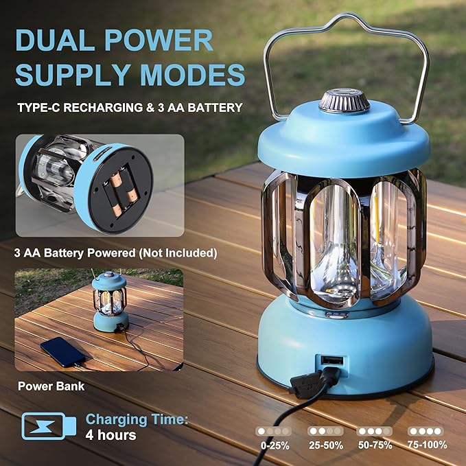 Rechargeable LED Camping Lanterns, Vintage Camping Lights Battery Operated, Portable Retro Metal Glamping Lights for Hiking, Hurricane, Decoration, Power outages, Blue, 1 Pack