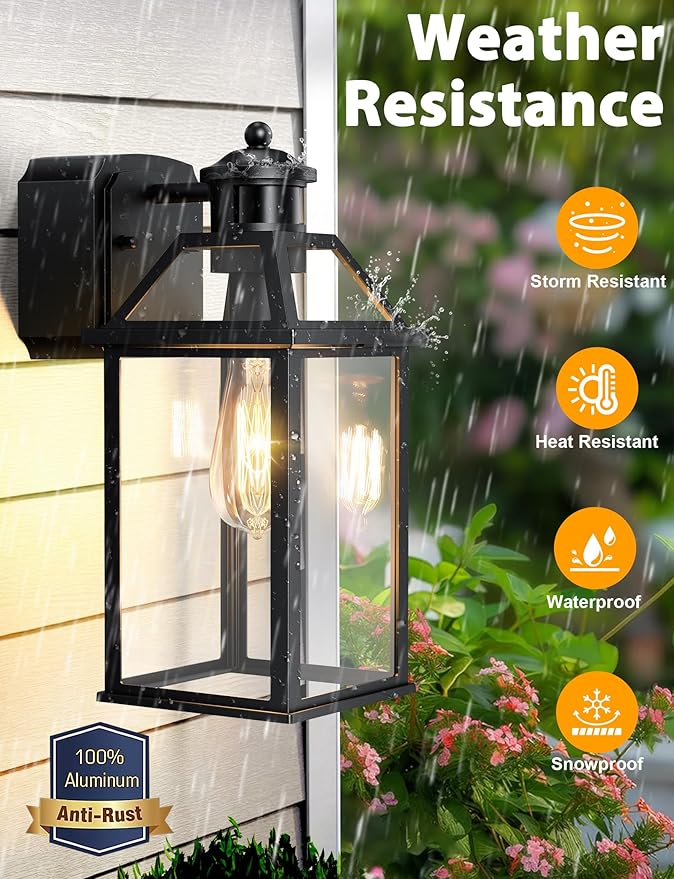 Porch Light with GFCI Outlet, 14'' Large Motion Sensor Outdoor Lights for House, Waterproof Exterior Lighting Fixtures, Black Anti-Rust Outside Wall Mount Sconce for Patio Front Door Entryway, E26