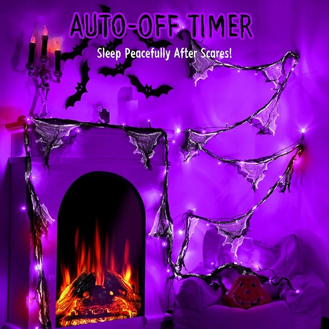 Halloween Lights Battery Operated or USB, Creepy Cloth String Lights with Timer Waterproof 9.8ft 30LED Purple String Lights Halloween Decortions for Fireplace Window Door Mirror