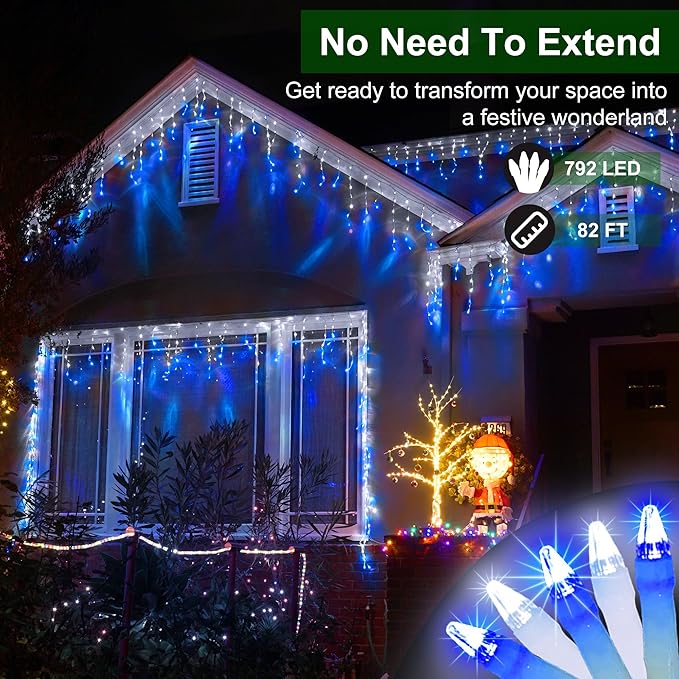 792 LED Christmas Lights with 176 Drops,82ft 8 Modes Fairy Hanging String Lights with Timer Waterproof, Plug-in Christmas String Lights for Holiday Wedding Party Christmas Decoration Blue & CoolWhite