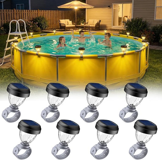 Solar Pool Lights for Above Ground Pools, LED Energy Saving Warm White Light, Waterproof for Frame Swimming Pools Night Accessories (8 Pcs)