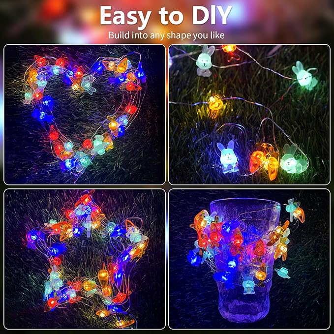 pozzolanas Led Fairy Lights Battery Operated Mini String Lights 2P 16FT Bunny Carrot String Lights 50LED IP65 Waterproof Spring Rabbit for Easter Basket Eggs Party Seasonal Bedroom Decor