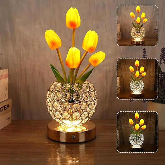 Birthday Gifts for Women Mothers Day Gifts For Mom Table Lamp, 3 Color Crystal Flower Bedside Lamps Infinitely Dimming with USB Charge Small Night Light,Nightstand Touch Lamp for Bedroom (gold-tulip)